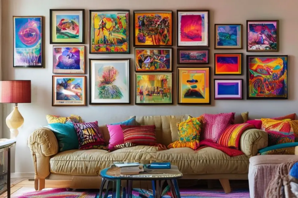 Sala de estar com quadros e pôsters decorativos.