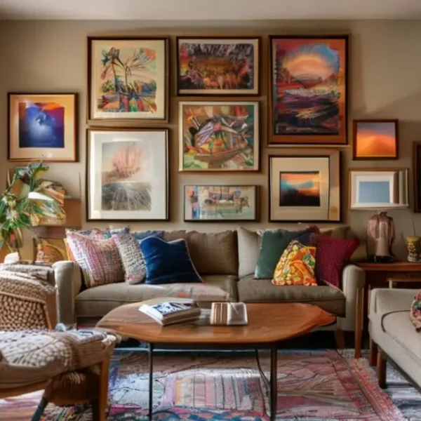 Uma sala aconchegante decorada com quadros, refletindo um estilo pessoal.