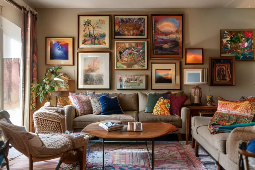 Uma sala aconchegante decorada com quadros, refletindo um estilo pessoal.