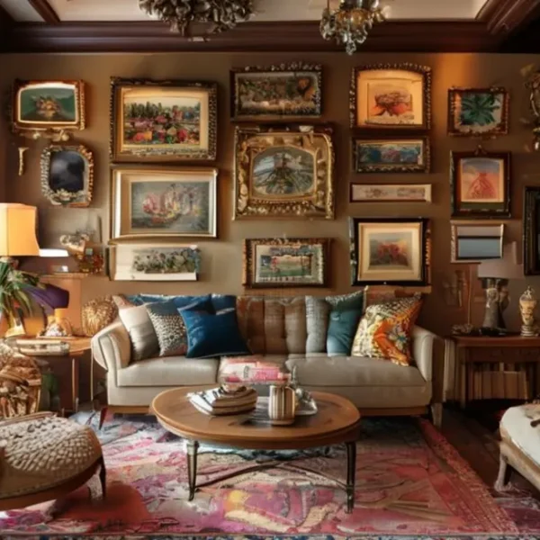 Espaço de estar encantador com quadros decorativos nas paredes.