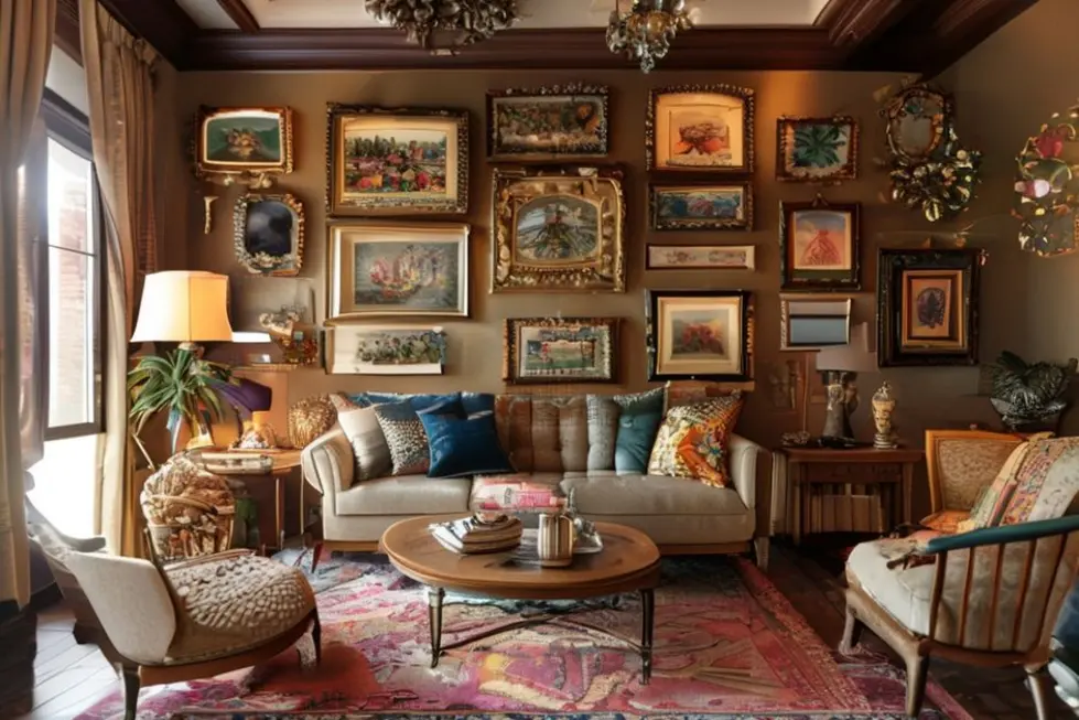 Espaço de estar encantador com quadros decorativos nas paredes.