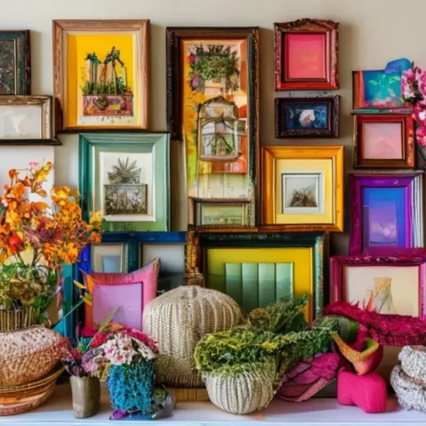 Decoração de lar envolvente e estilosa com quadros e posters diversos.