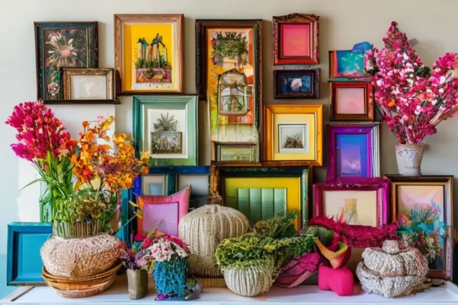 Decoração de lar envolvente e estilosa com quadros e posters diversos.