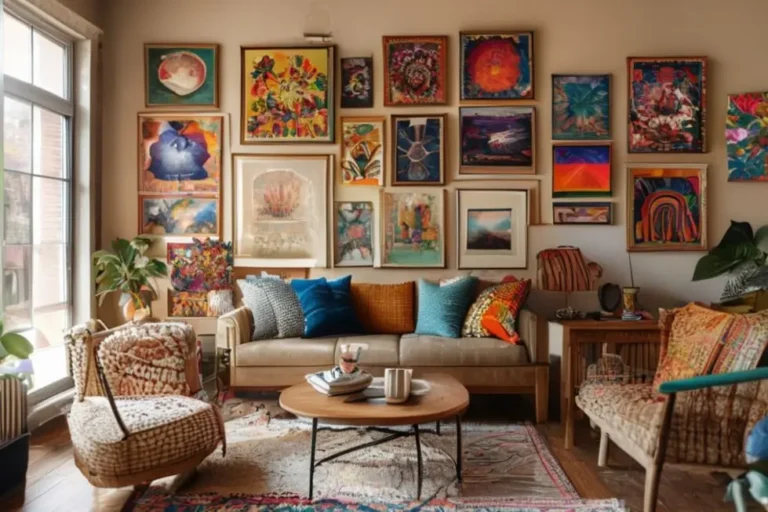 Interior de casa decorada com arte que reflete estilo pessoal e aconchego.