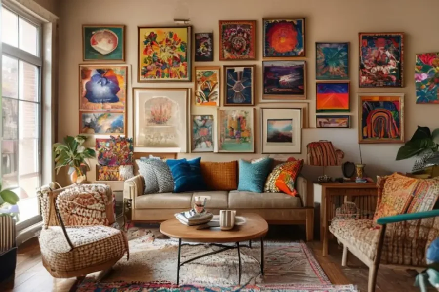 Interior de casa decorada com arte que reflete estilo pessoal e aconchego.