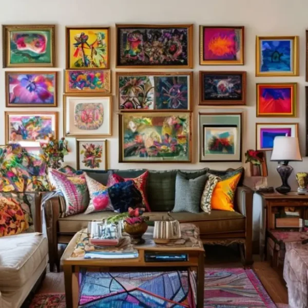 Sala de estar decorada com quadros e posters vibrantes.