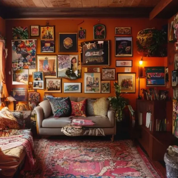 Sala decorada de forma acolhedora com quadros e posters.