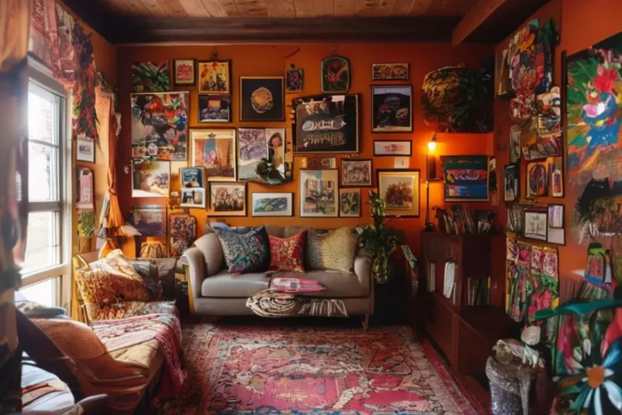 Sala decorada de forma acolhedora com quadros e posters.