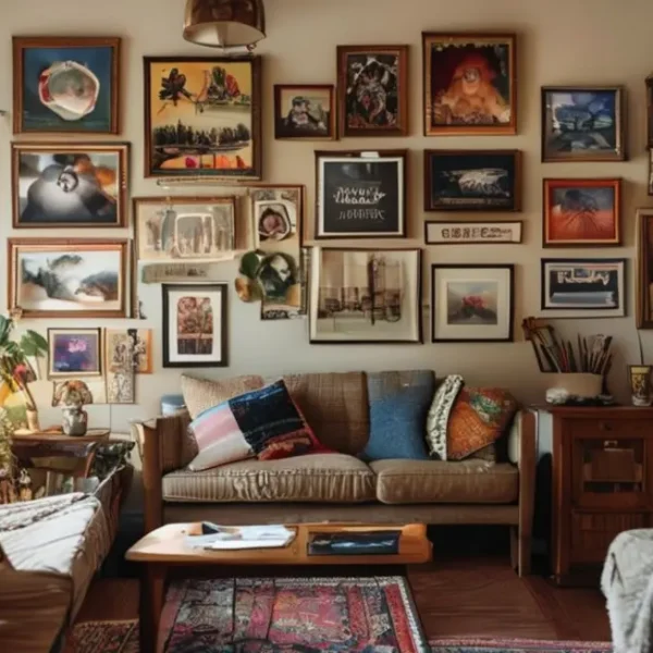 Um espaço doméstico confortável com decoração em quadros diversificados nas paredes.