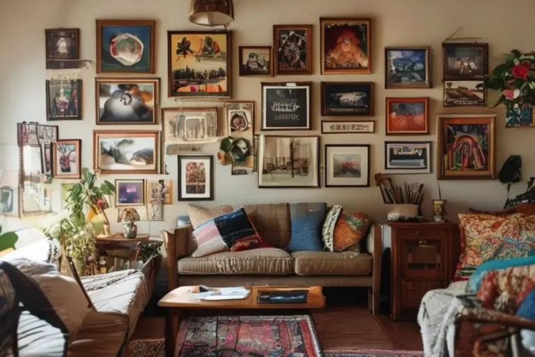 Um espaço doméstico confortável com decoração em quadros diversificados nas paredes.