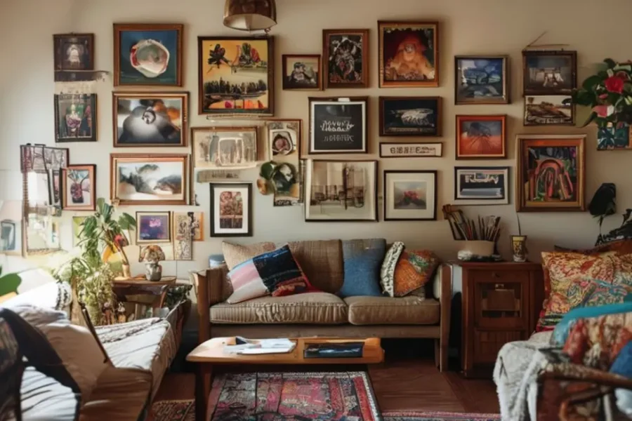 Um espaço doméstico confortável com decoração em quadros diversificados nas paredes.