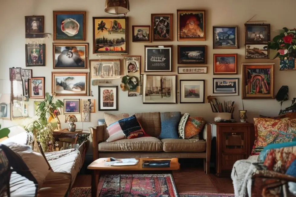 Um espaço doméstico confortável com decoração em quadros diversificados nas paredes.