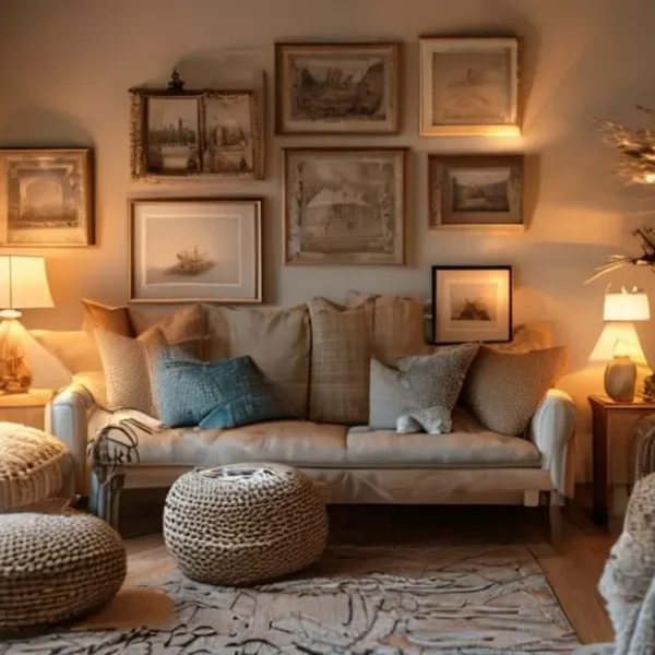 Decoração de casa com quadros em um ambiente aconchegante.