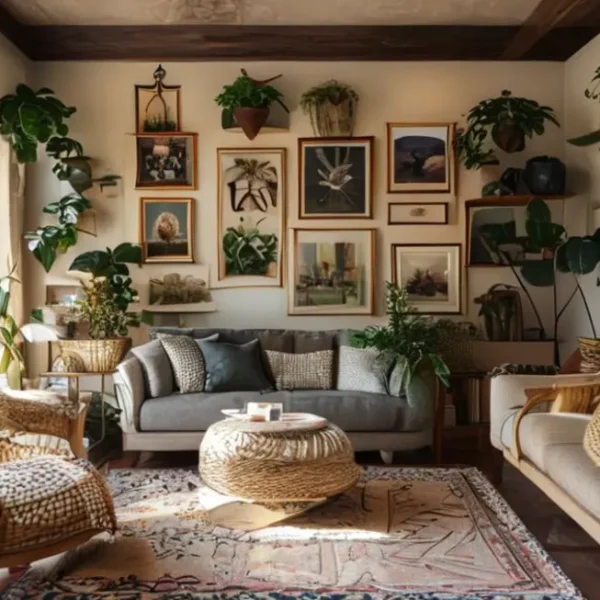 Ambiente decorado de forma bonita com quadros e plantas, proporcionando uma atmosfera acolhedora.