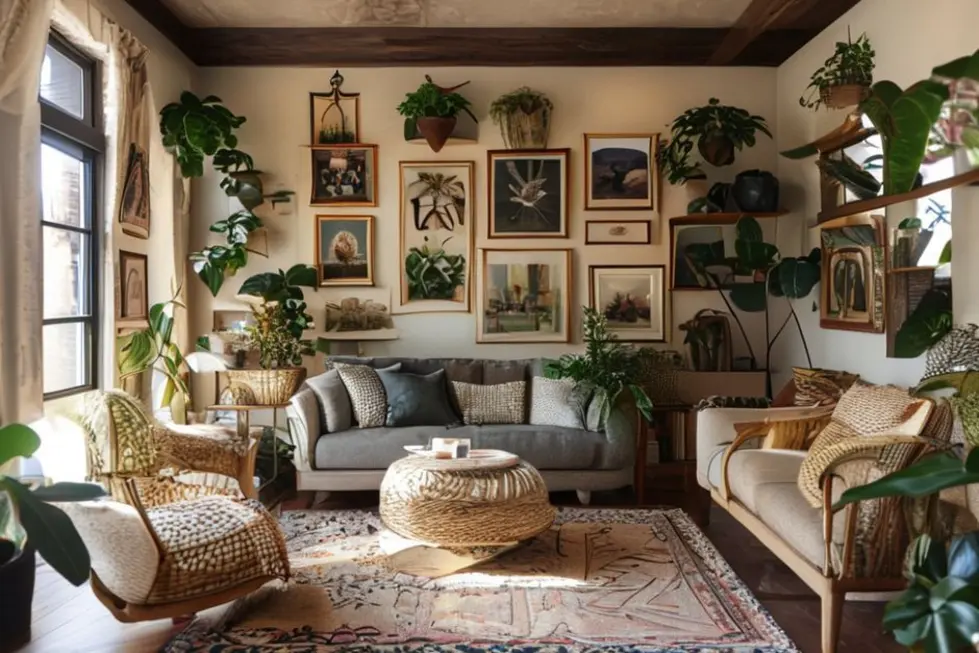 Ambiente decorado de forma bonita com quadros e plantas, proporcionando uma atmosfera acolhedora.