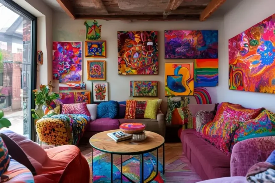 Sala de estar decorada com vários quadros coloridos.