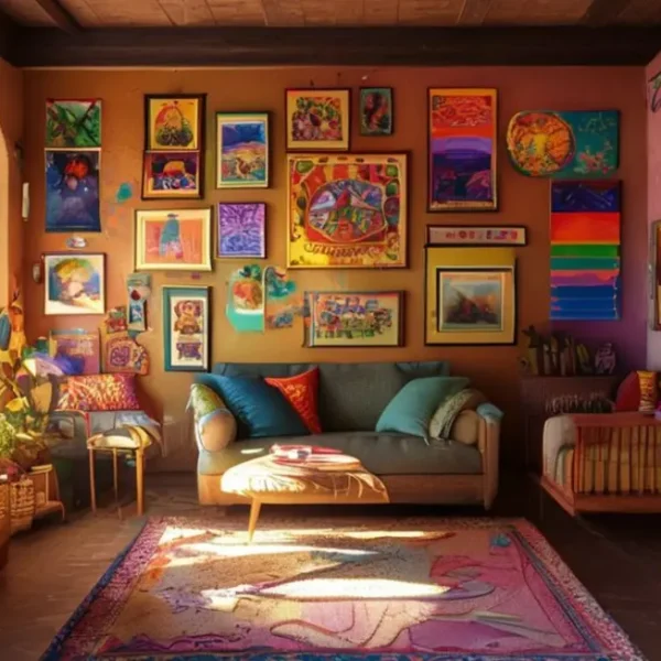 Uma casa com paredes decoradas de forma criativa e colorida.