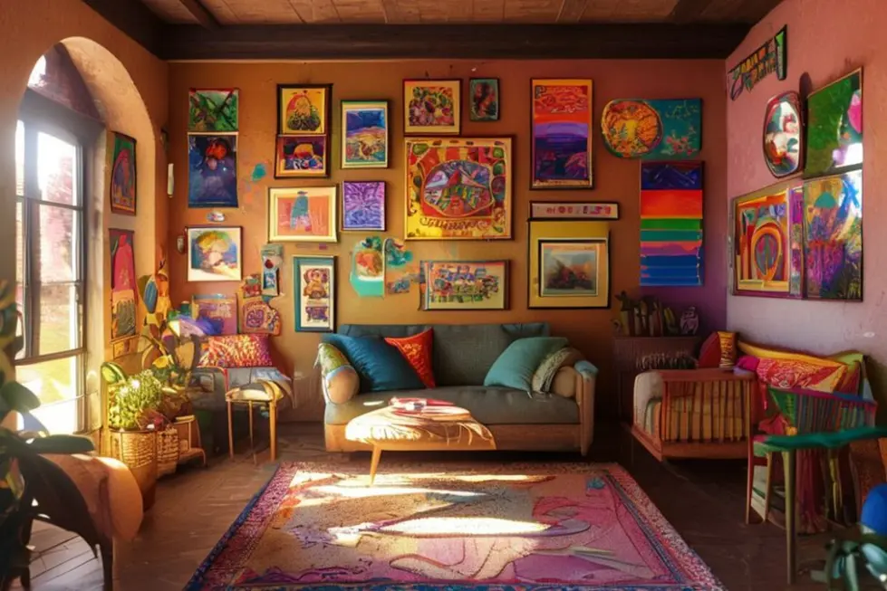Uma casa com paredes decoradas de forma criativa e colorida.