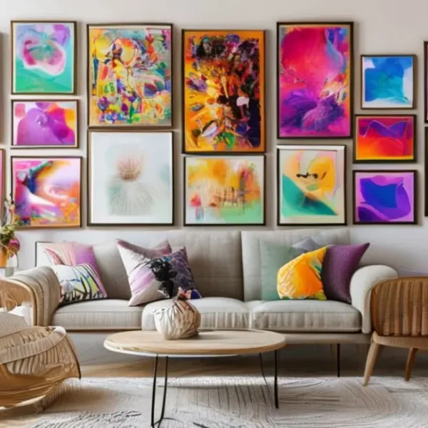 Decoração de casa com quadros e posters coloridos.