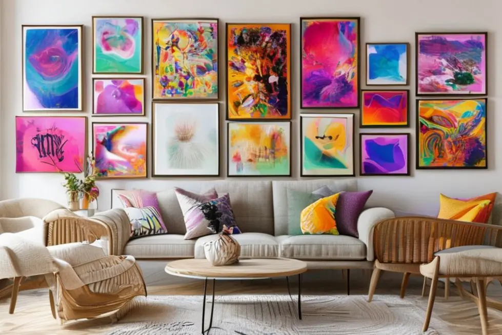 Decoração de casa com quadros e posters coloridos.