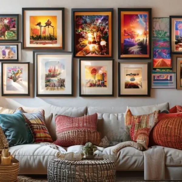 Coleção de quadros e posters em uma casa aconchegante.