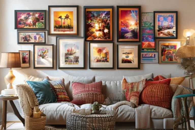 Coleção de quadros e posters em uma casa aconchegante.