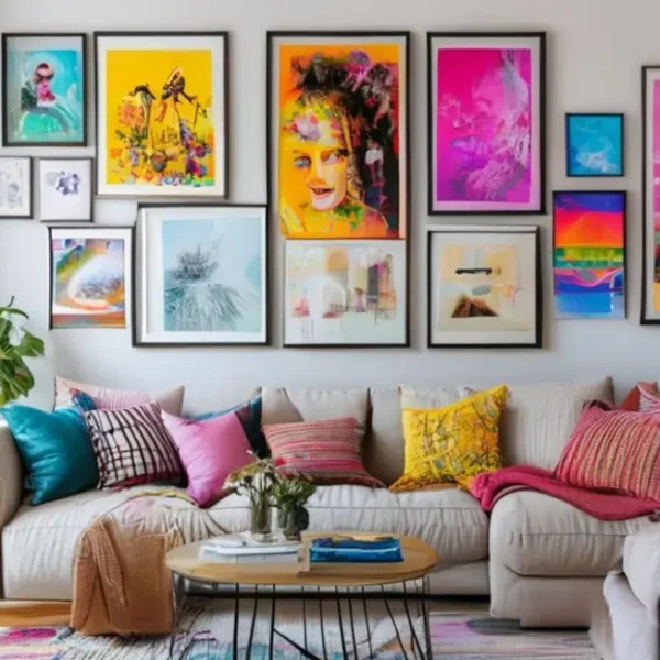 Sala contemporânea decorada com posters e quadros.