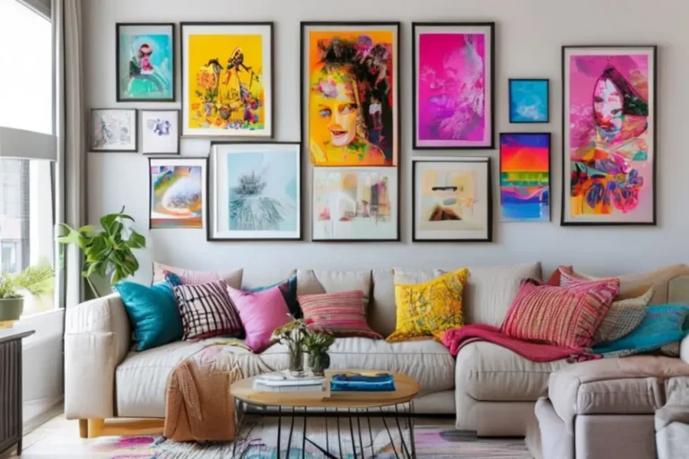 Sala contemporânea decorada com posters e quadros.