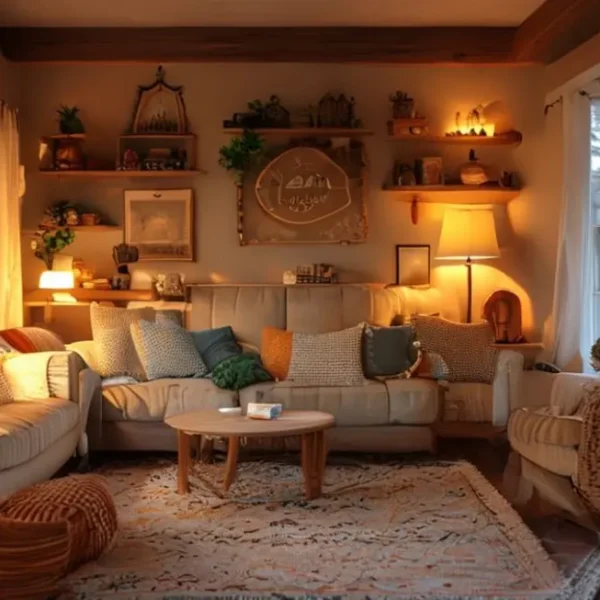 Ambiente familiar acolhedor com elementos de decoração personalizados.