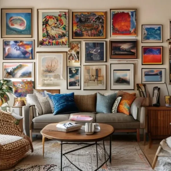 Casa aconchegante com quadros e posters decorativos.