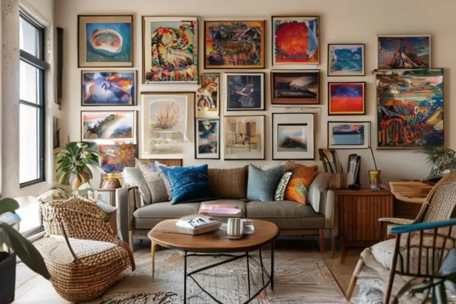 Casa aconchegante com quadros e posters decorativos.