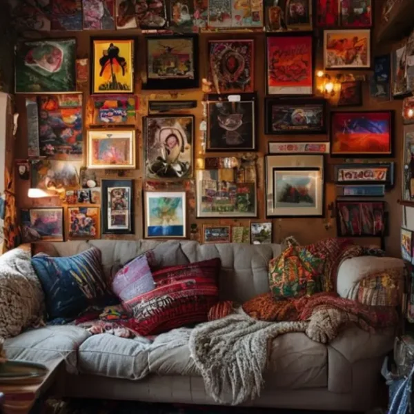 Cantinho de casa decorado criativamente com quadros e posters.