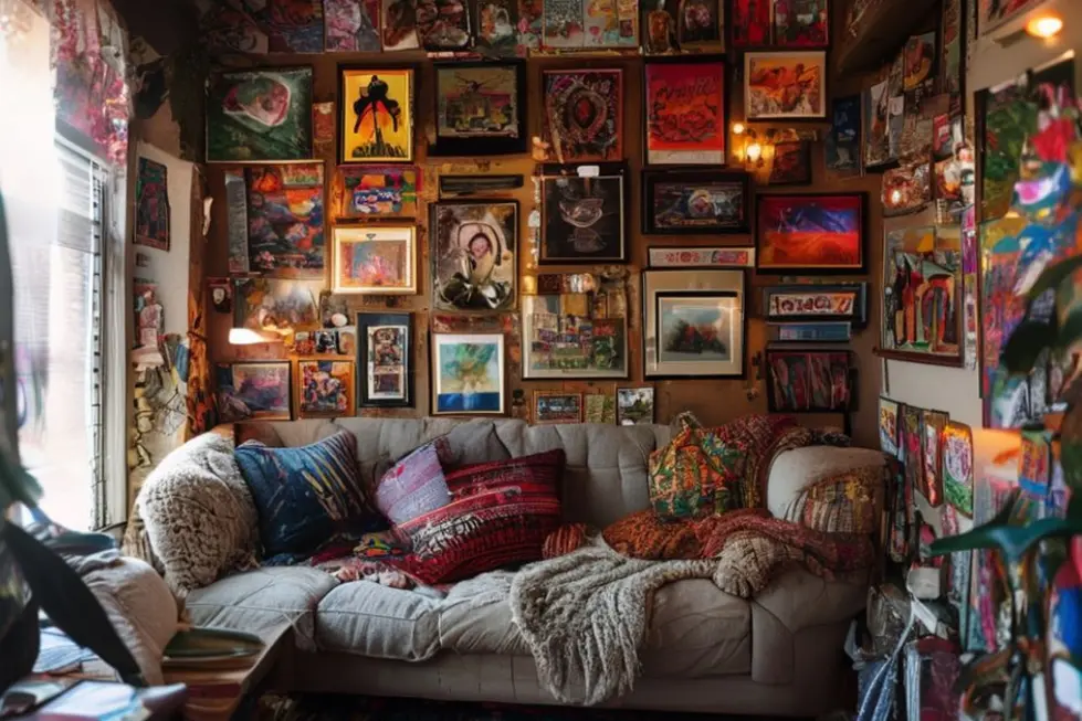 Cantinho de casa decorado criativamente com quadros e posters.