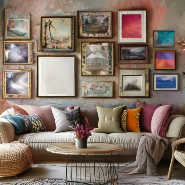 Interior de casa aconchegante com decoração artística nas paredes.