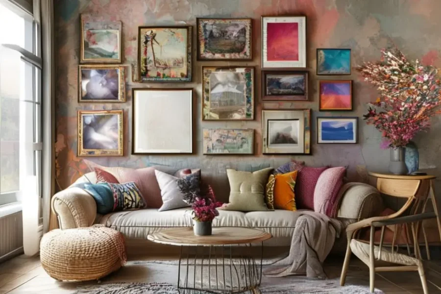 Interior de casa aconchegante com decoração artística nas paredes.