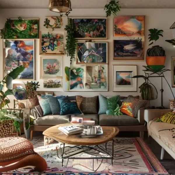 Espaço de vida decorado com quadros artísticos em várias estilos.