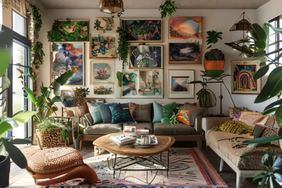 Espaço de vida decorado com quadros artísticos em várias estilos.