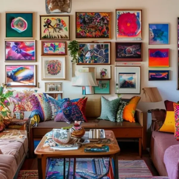Um lar colorido e acolhedor com diversas artes nas paredes.