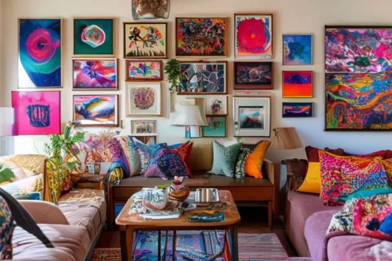 Um lar colorido e acolhedor com diversas artes nas paredes.