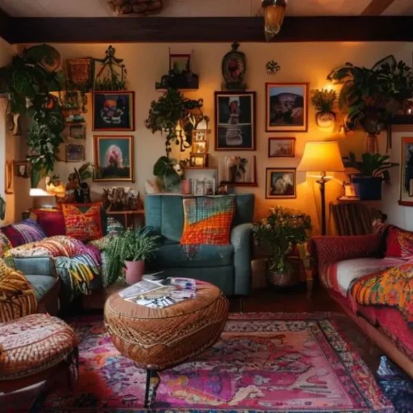 Ambiente acolhedor com decoração criativa e acessível.