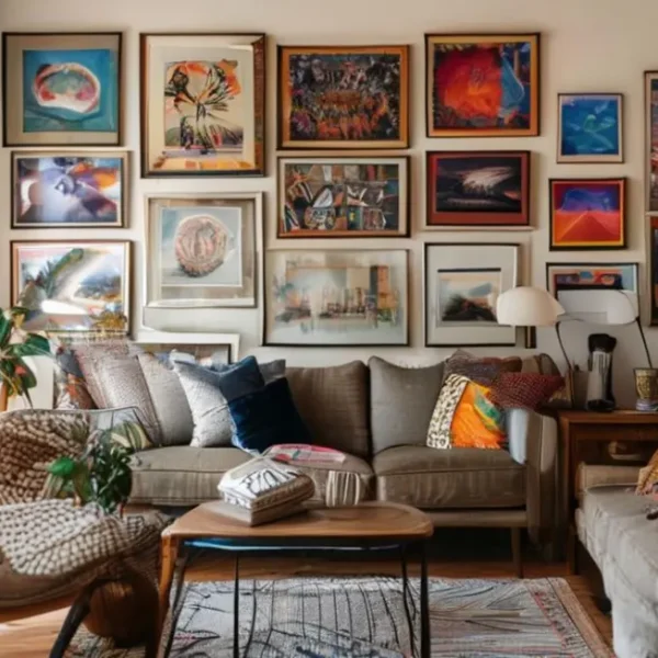 Decoração aconchegante com uma variedade de quadros e posters em um ambiente acolhedor.