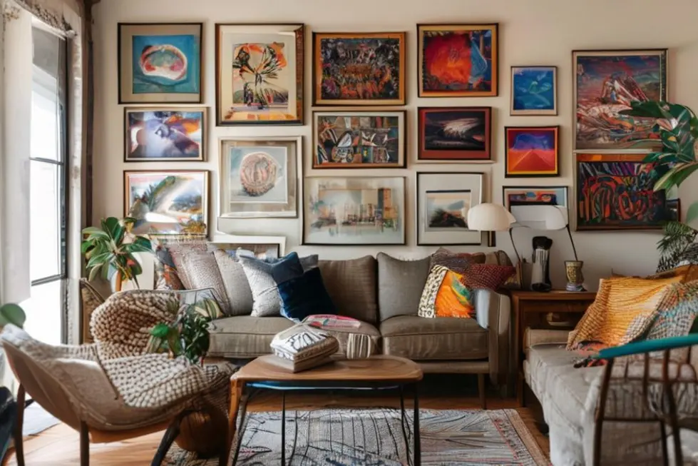 Decoração aconchegante com uma variedade de quadros e posters em um ambiente acolhedor.