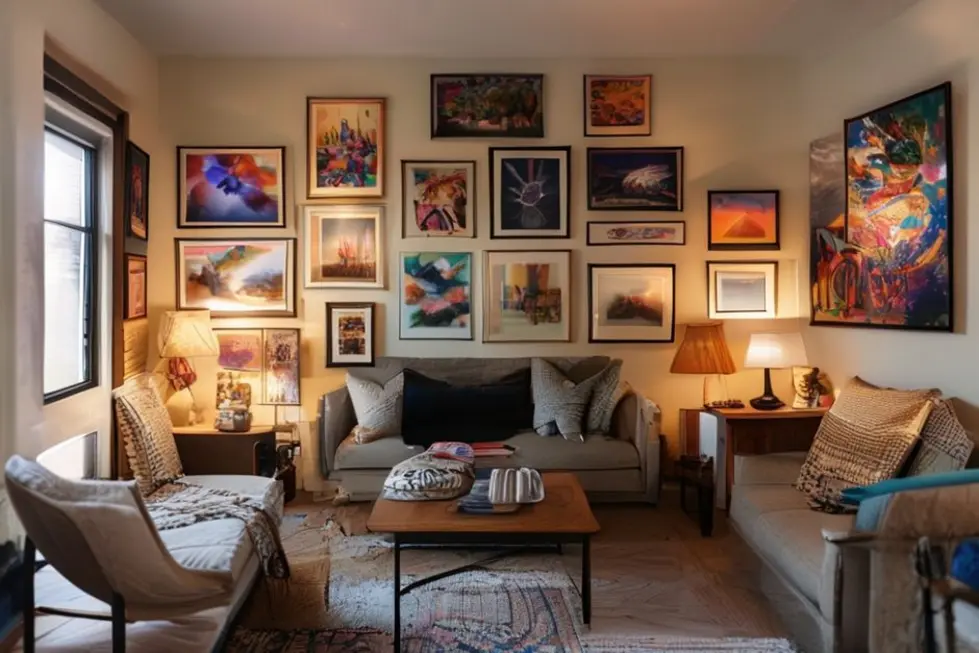 Espaço acolhedor em casa com decoração de quadros e posters.