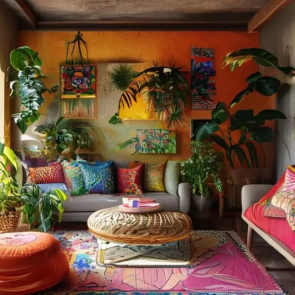 Interior de casa acolhedora com decoração moderna e vintage.