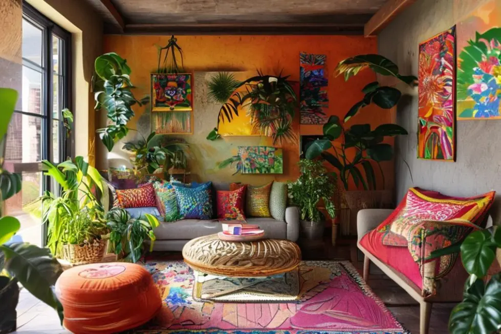 Interior de casa acolhedora com decoração moderna e vintage.