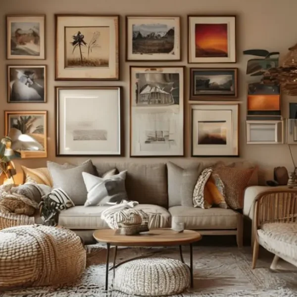 Interior de uma casa acolhedora com decoração de quadros e posters.