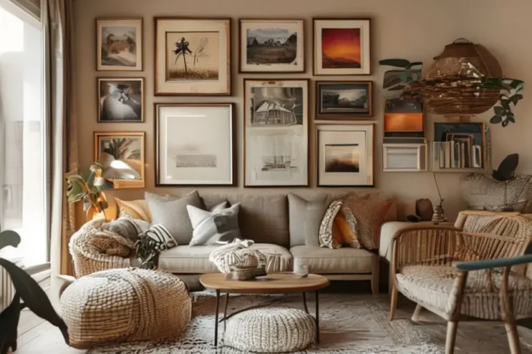 Interior de uma casa acolhedora com decoração de quadros e posters.