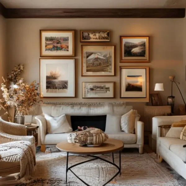 Interior de casa aconchegante decorado com arte.