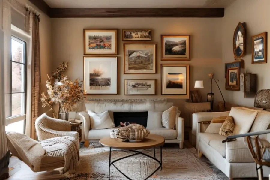 Interior de casa aconchegante decorado com arte.