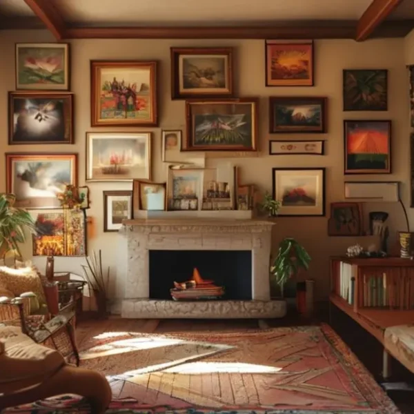 Decoração de casa com quadros nas paredes.